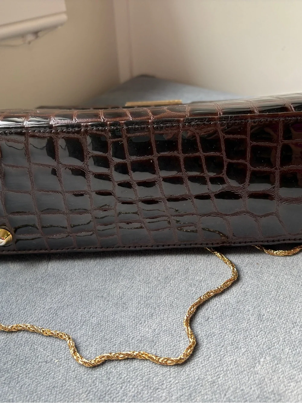 Y & S Patent Leather Croc-Embossed Chain Shoulder Bag in Deep Bordeaux